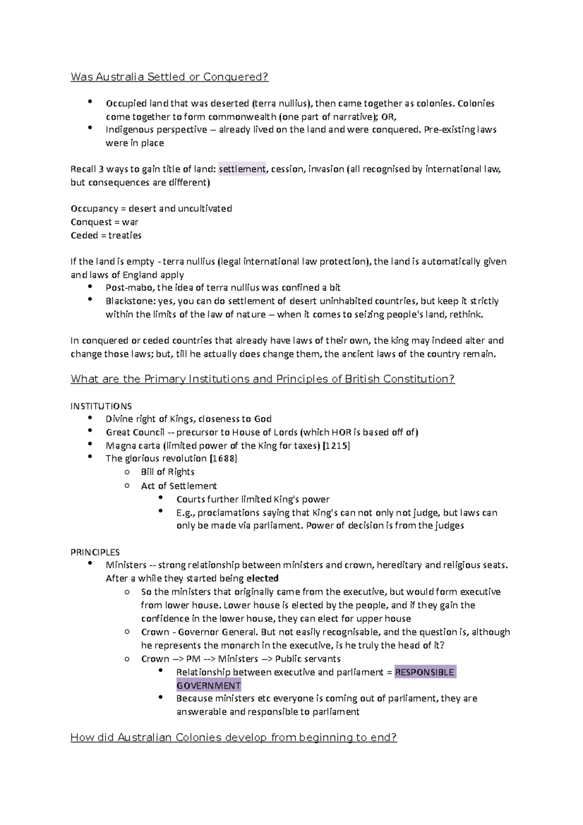 Public Law Seminar W2 Was Australia Settled or Conquered? Occupied