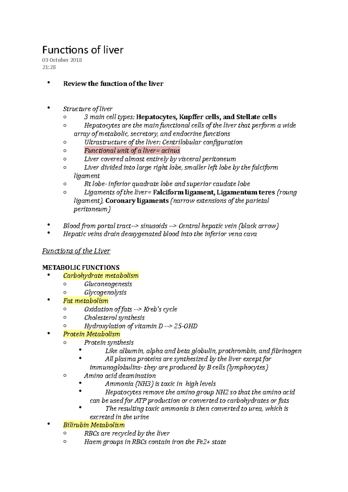 Functions of liver - Lecture notes 6 - Funcions of liver 03 October ...
