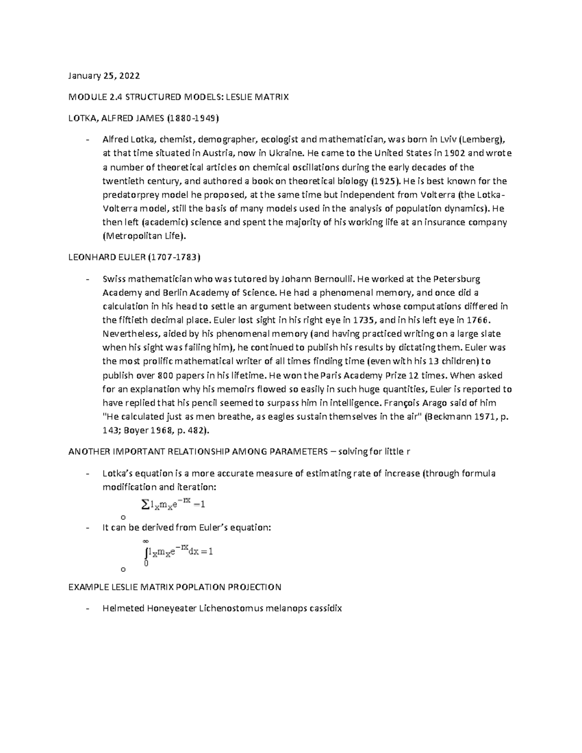 January 25 - structured models: leslie matrix, example leslie matrix ...
