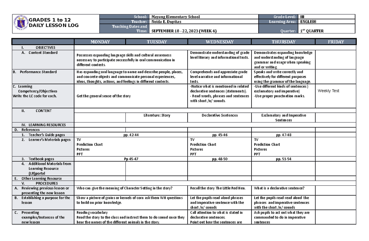 DLL English-3 Q1 W4 - N/A - GRADES 1 to 12 DAILY LESSON LOG School ...