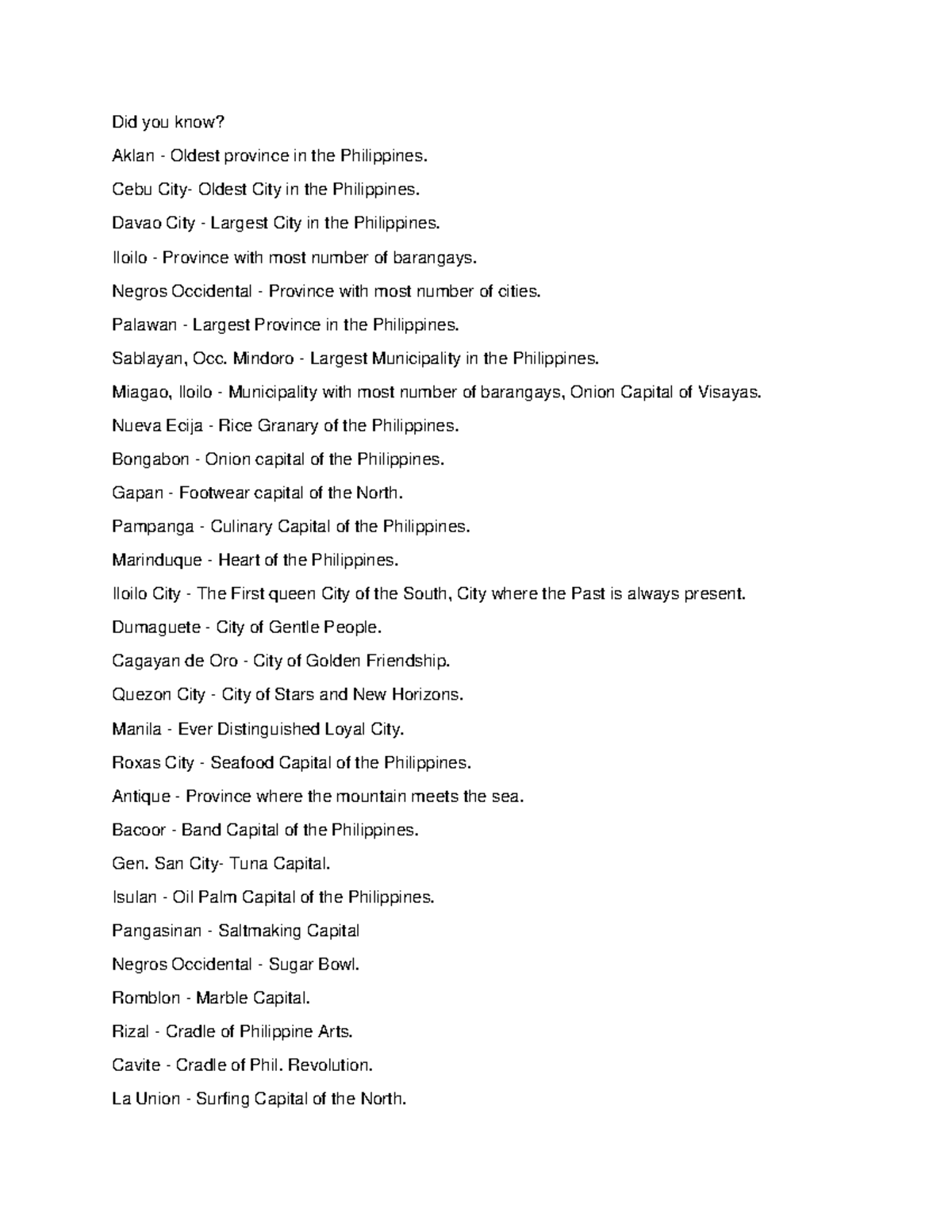 Nickname Of The Philippines Philippine Provinces, Cities Monikers and Nicknames - Did you know