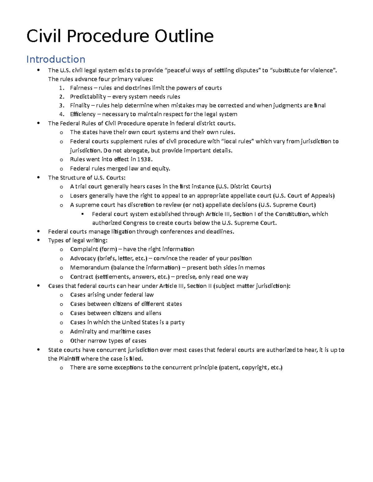 Civil Procedure Outline (Final Exam) - Civil Procedure Outline ...