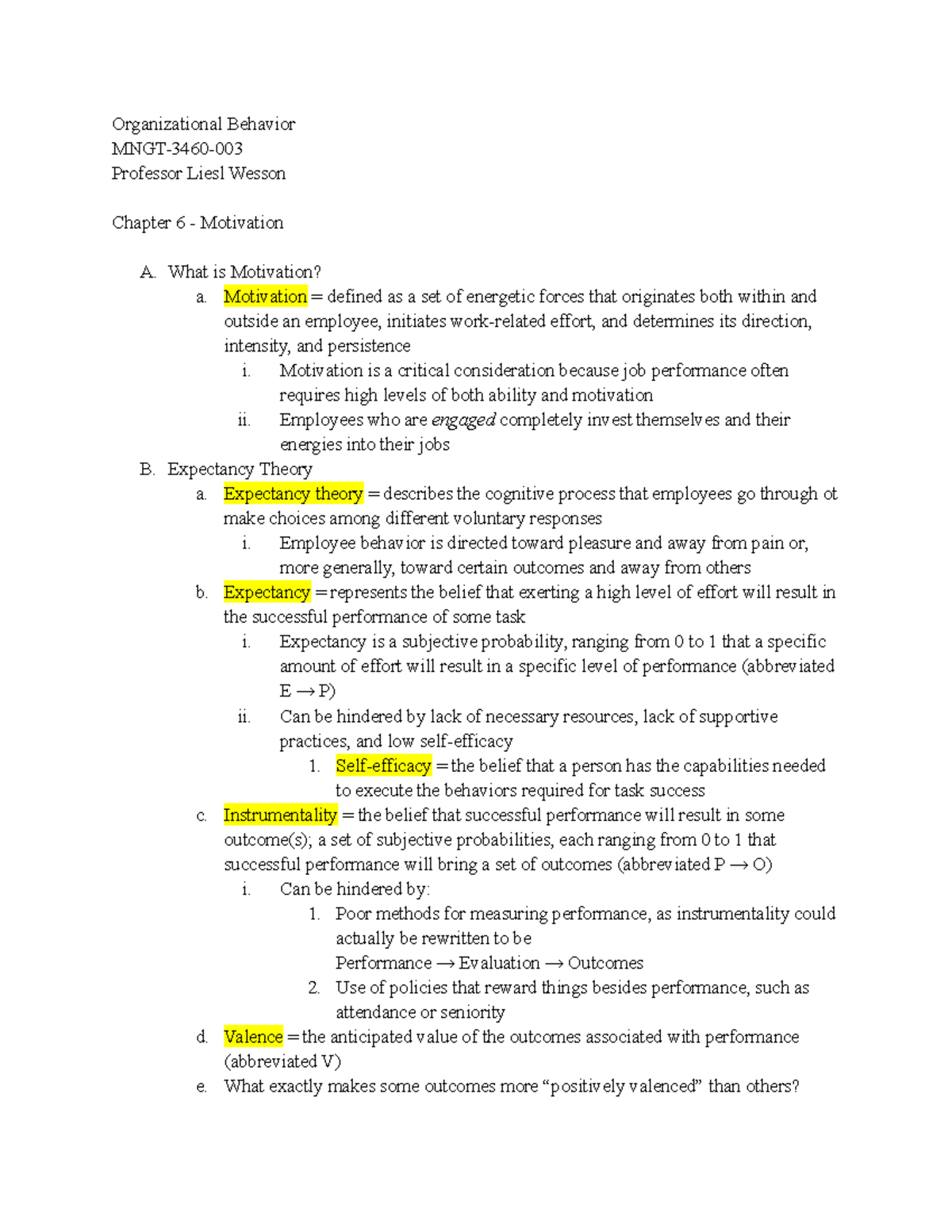 MNGT-3460 Chapter 6 Notes - Organizational Behavior MNGT-3460 ...