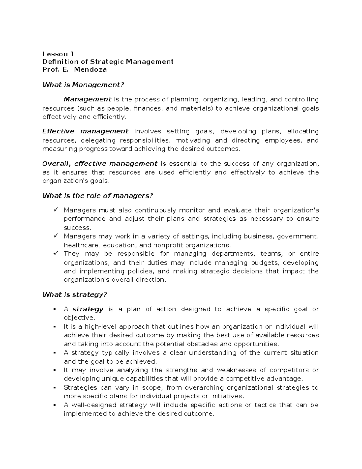 Lesson 1 Strat Mngt - Lesson 1 Definition of Strategic Management Prof ...