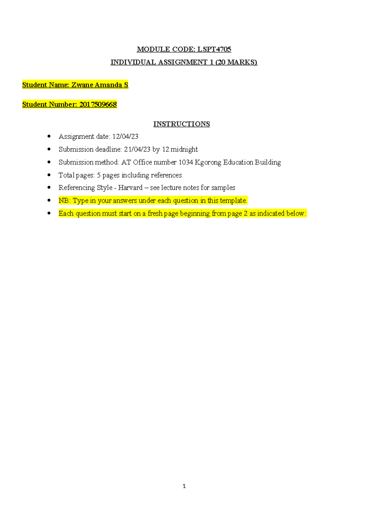 LSPT4705 LESSON PLAN - MODULE CODE: LSPT INDIVIDUAL ASSIGNMENT 1 (20 ...