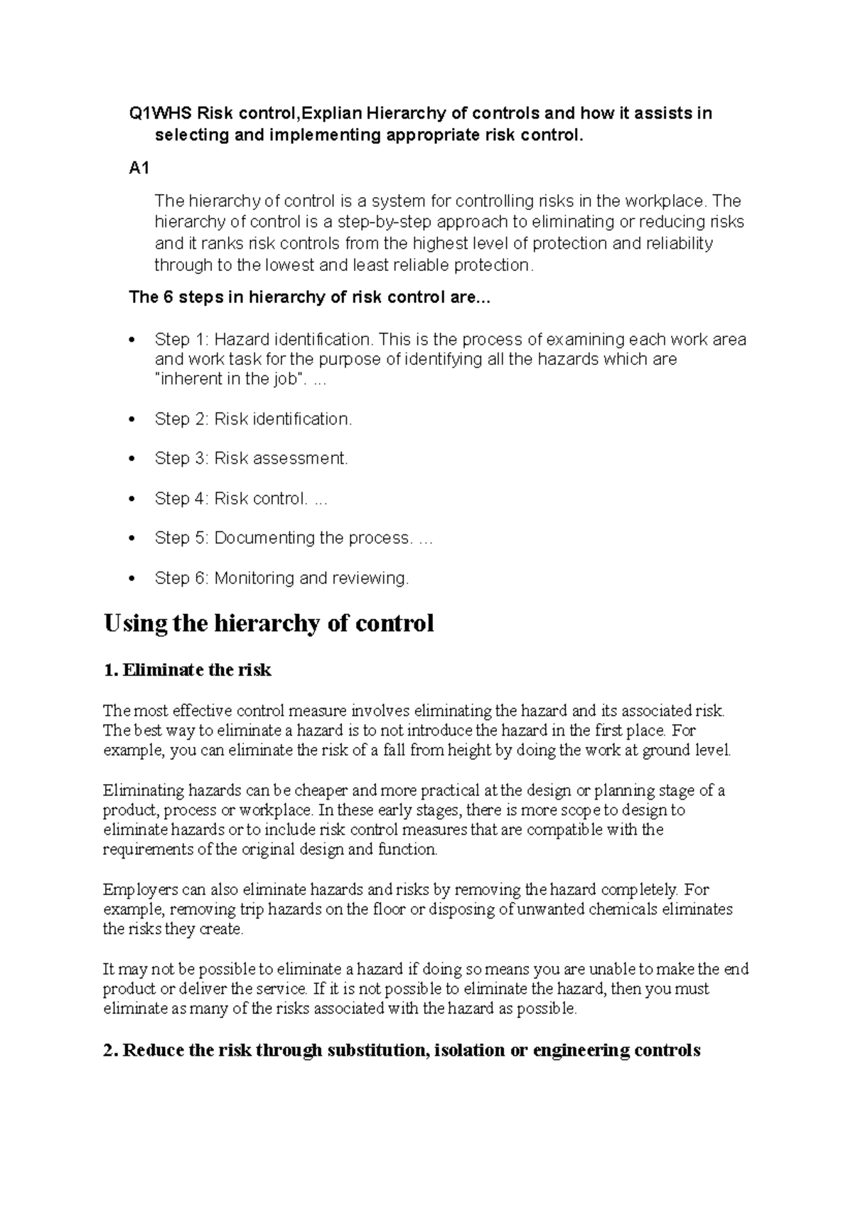 3rd may assignment WHS RISKs - Q1WHS Risk control,Explian Hierarchy of ...