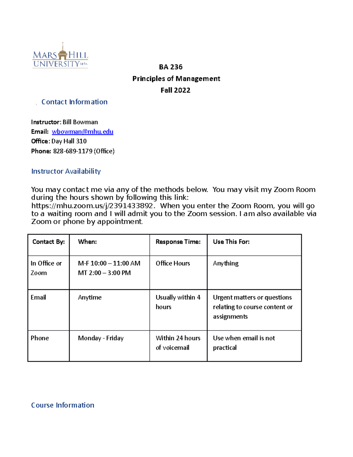 Course Syllabus - the notes were very thought out - BA 236 Principles of  Management Fall 2022 - Studocu