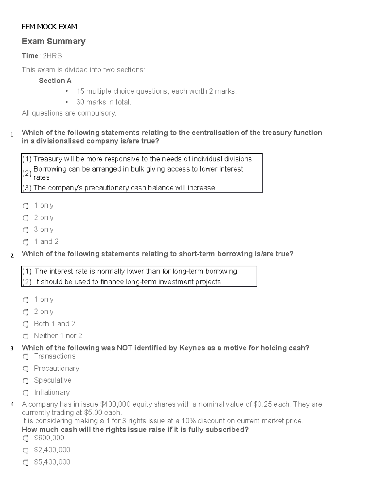 FFM MOCK EXAM Institute Tests FFM MOCK EXAM Exam Summary Time