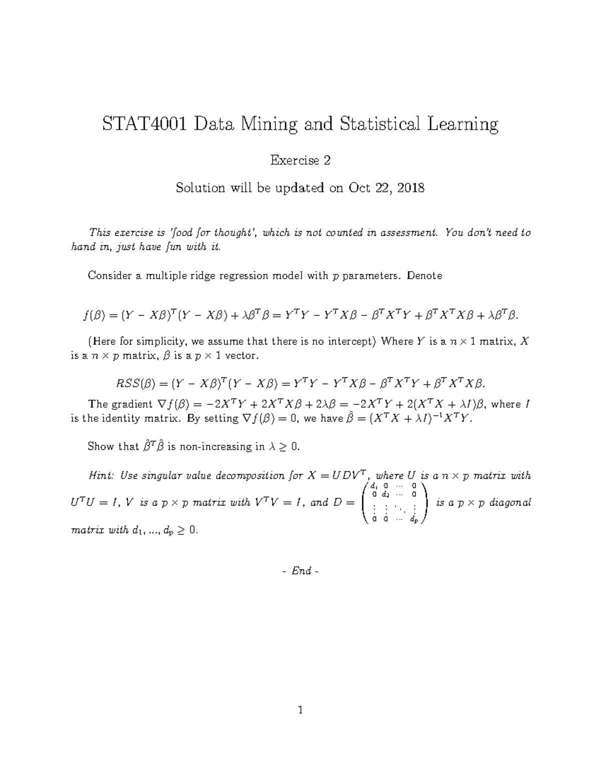 Exercise 2 - STAT4001 Data Mining and Statistical Learning Exercise 2 ...