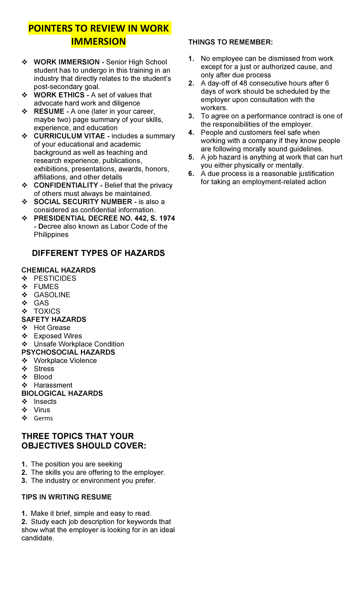 Pointers to review in Work Immersion - POINTERS TO REVIEW IN WORK ...