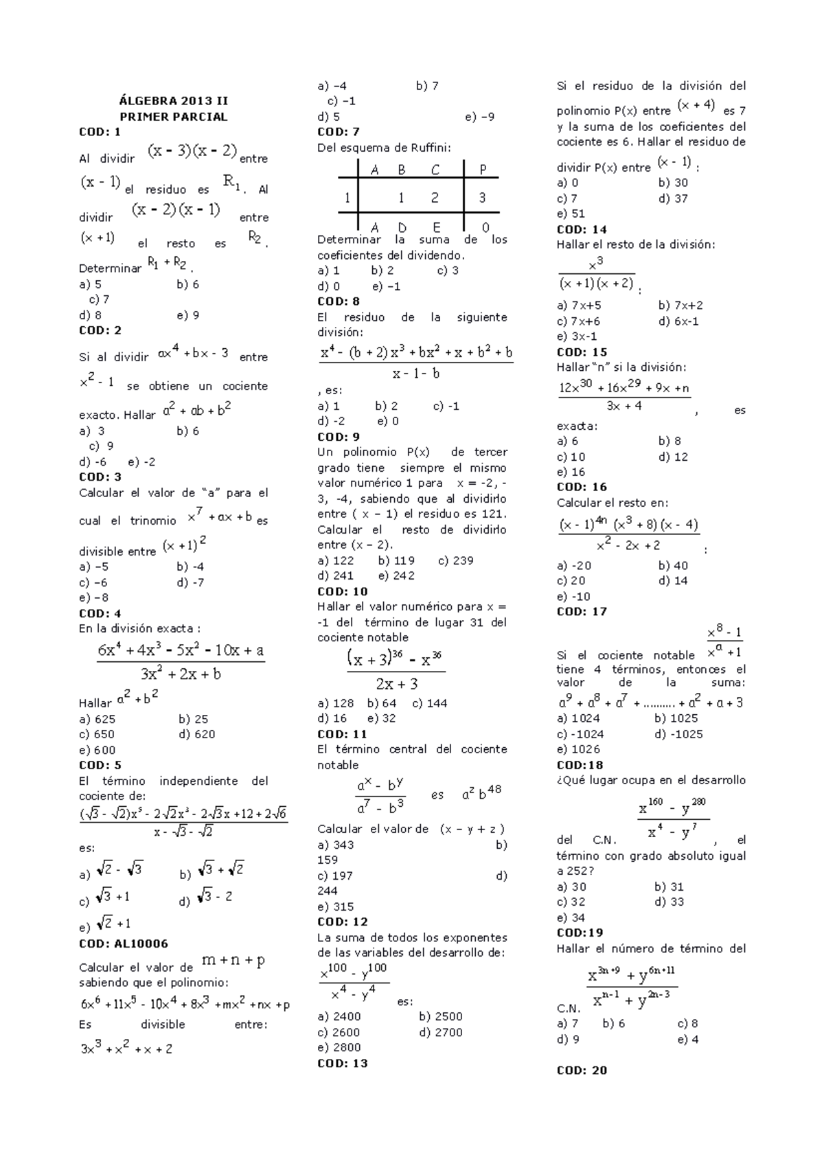 Algebra 2013II Primer Parcial ÁLGEBRA 2013 II PRIMER PARCIAL COD 1