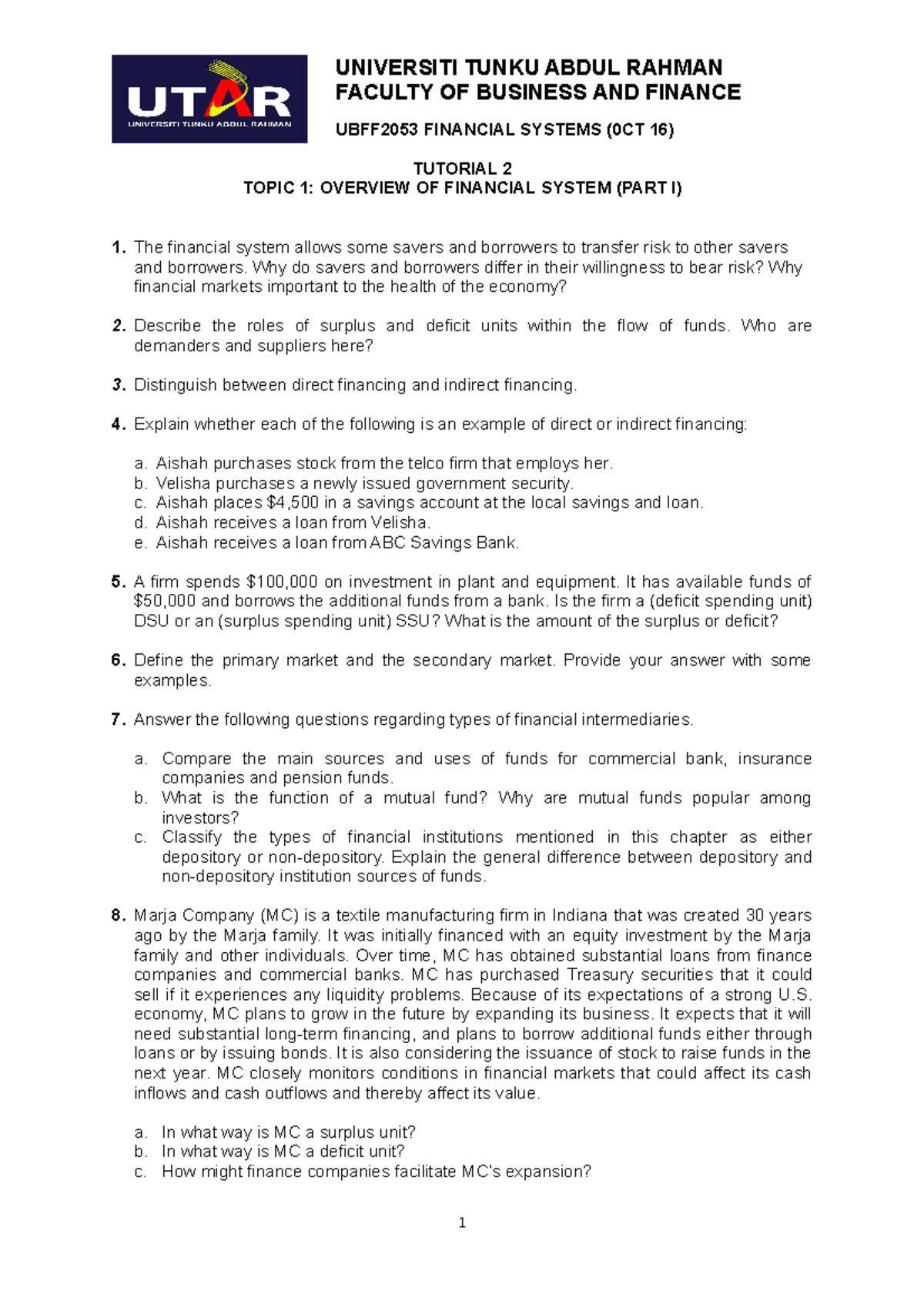 Ubff2053 Oct 2016 Tutorial 2 Universiti Tunku Abdul Rahman Faculty Of Business And Finance Ubff2053 Oct 2016 Tutorial 2 Universiti Tunku Abdul Rahman Faculty Of Business And Finance