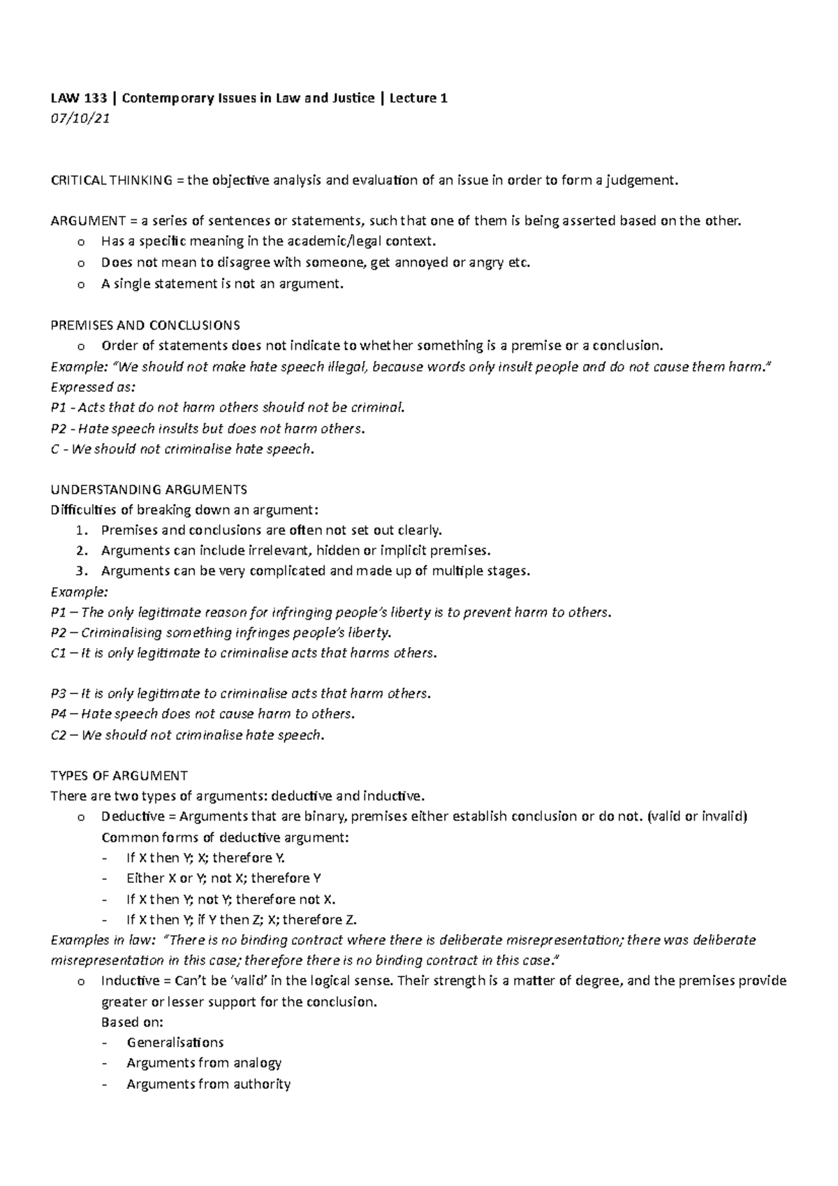 Lecture 1 - Critical Thinking - LAW 133 | Contemporary Issues in Law ...