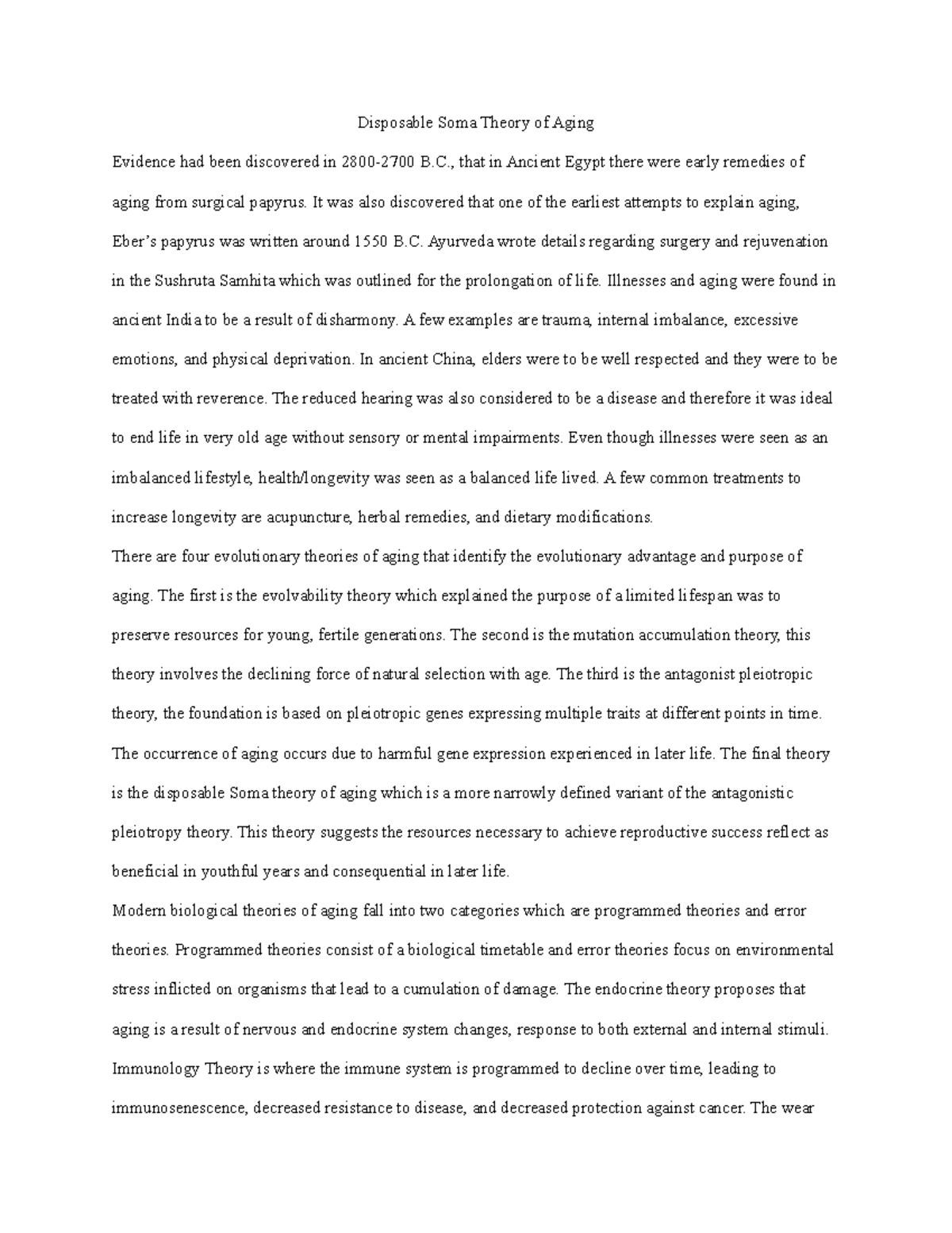 Topic 2 Summary Disposable Soma Theory of Aging Evidence had been