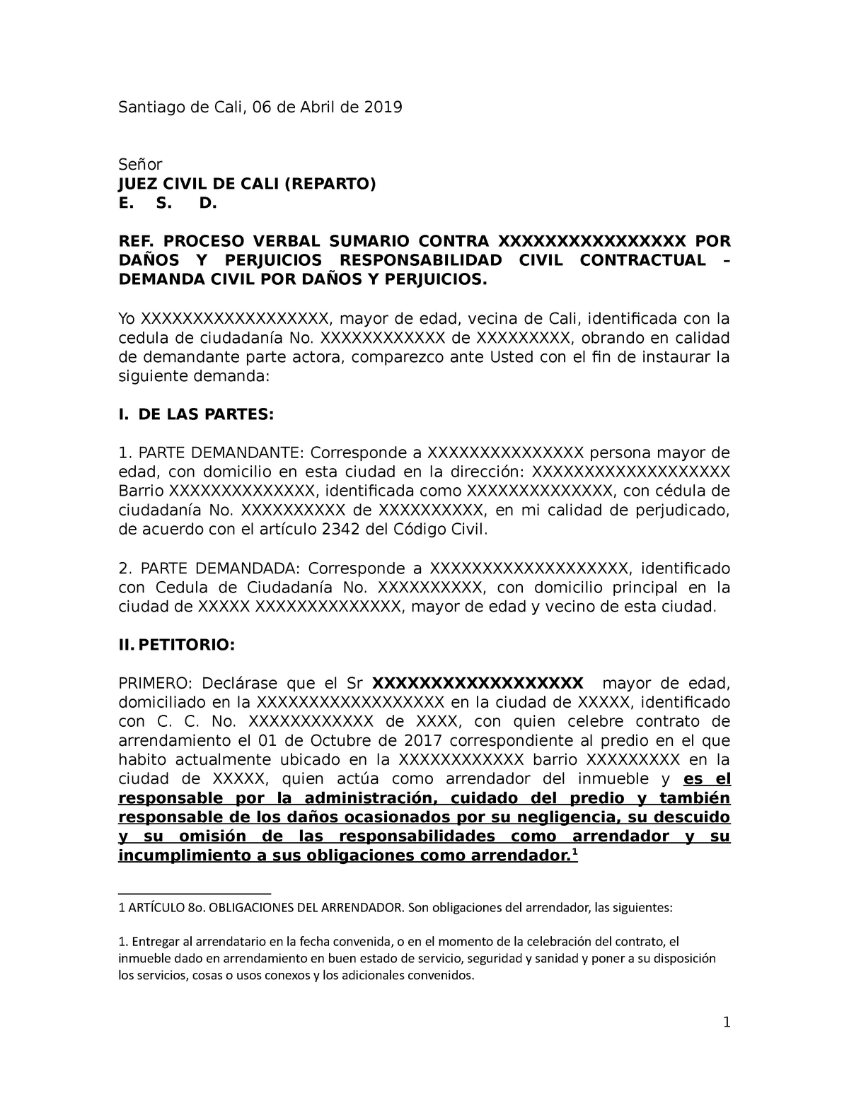 Demanda Judicial Por Danos Y Perjuicios Contrato De Arrendamiento Santiago De Cali 06 De 6578