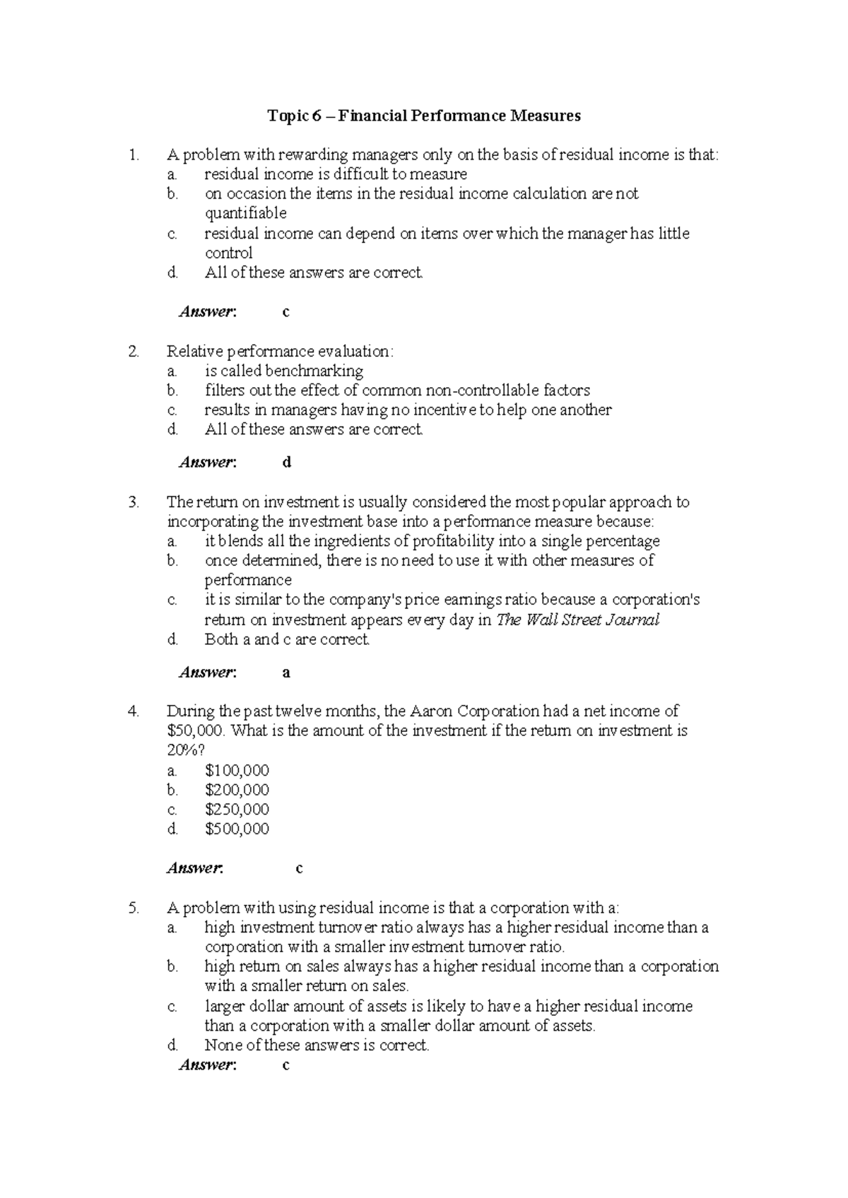 Topic 6 With Answers - Topic 6 – Financial Performance Measures A ...