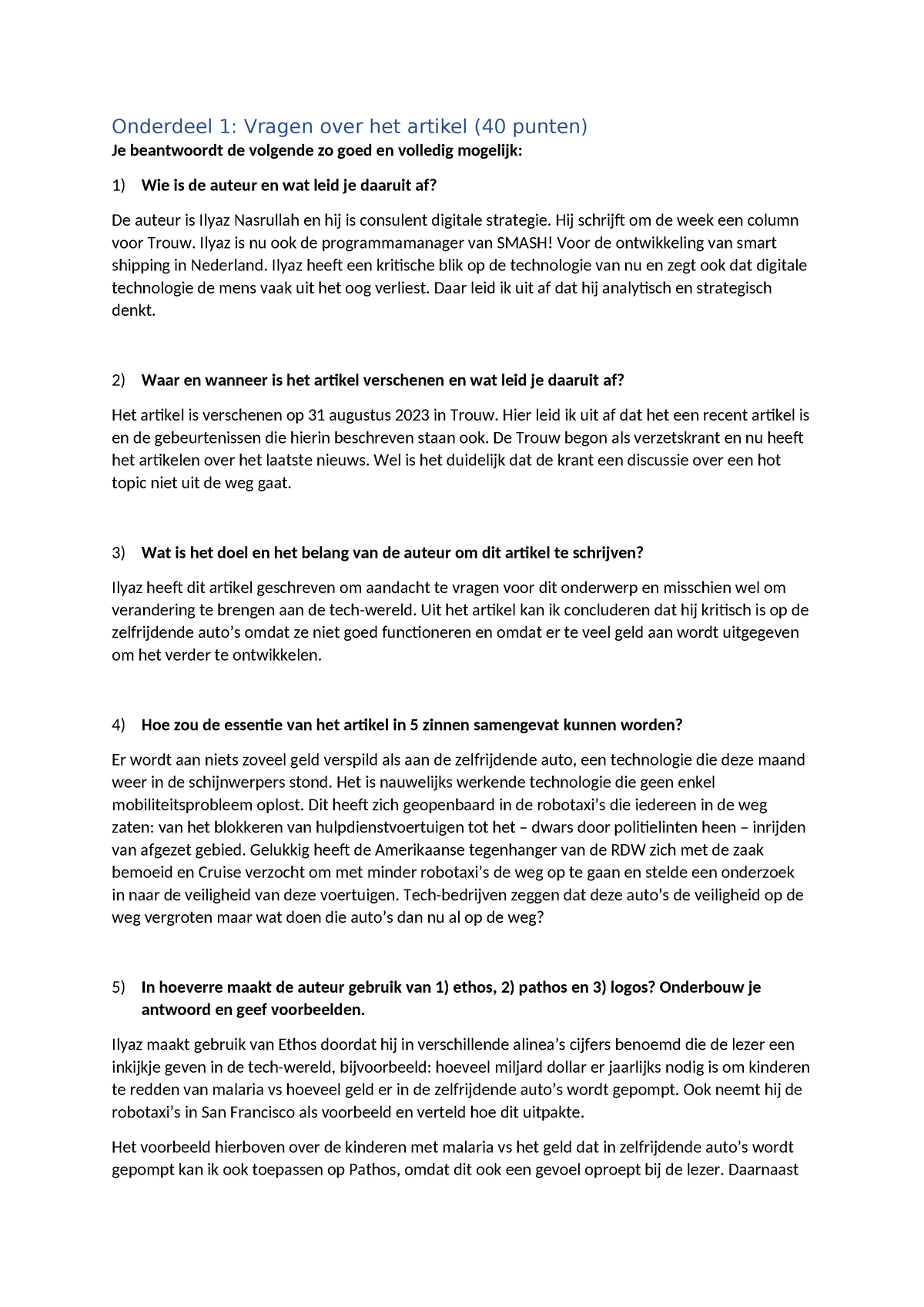 Kritische Blik 1A - Onderdeel 1: Vragen Over Het Artikel (40 Punten) Je ...