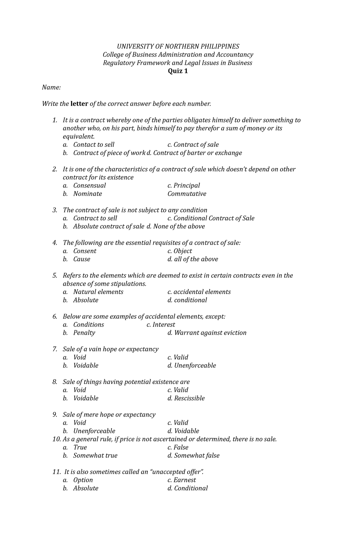 Law on Sales - midterms - UNIVERSITY OF NORTHERN PHILIPPINES College of ...