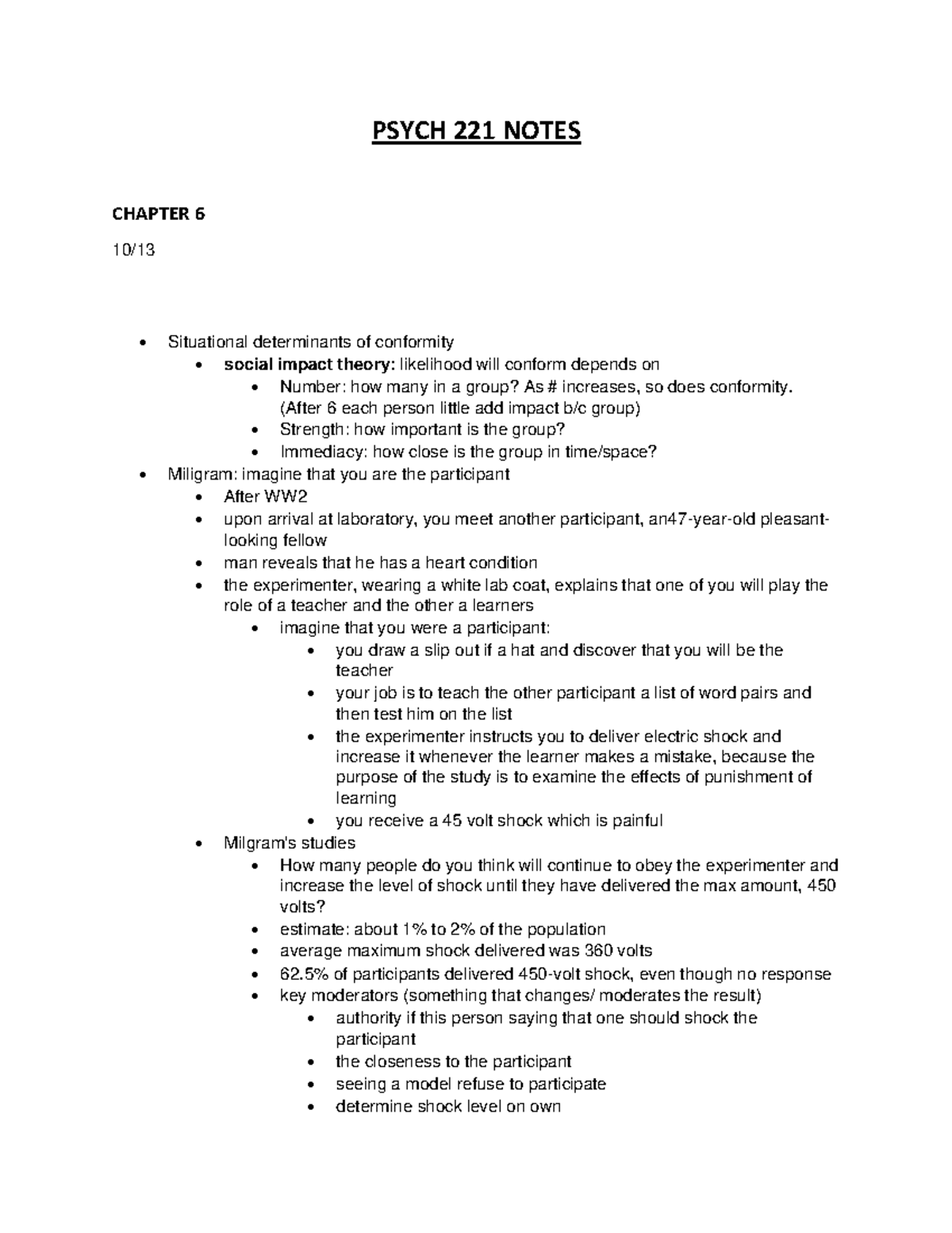 U6 Psych - PSYCH 221 NOTES CHAPTER 6 10/ Situational determinants of ...