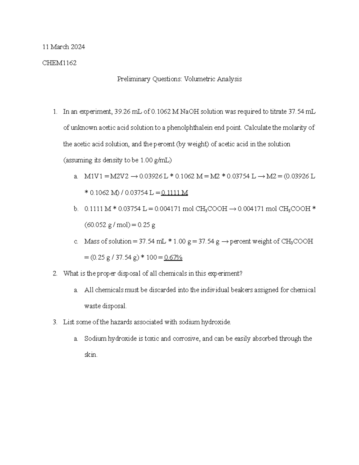 CHEM1162 Preliminary Questions Volumetric Analysis - 11 March 2024 CHEM ...