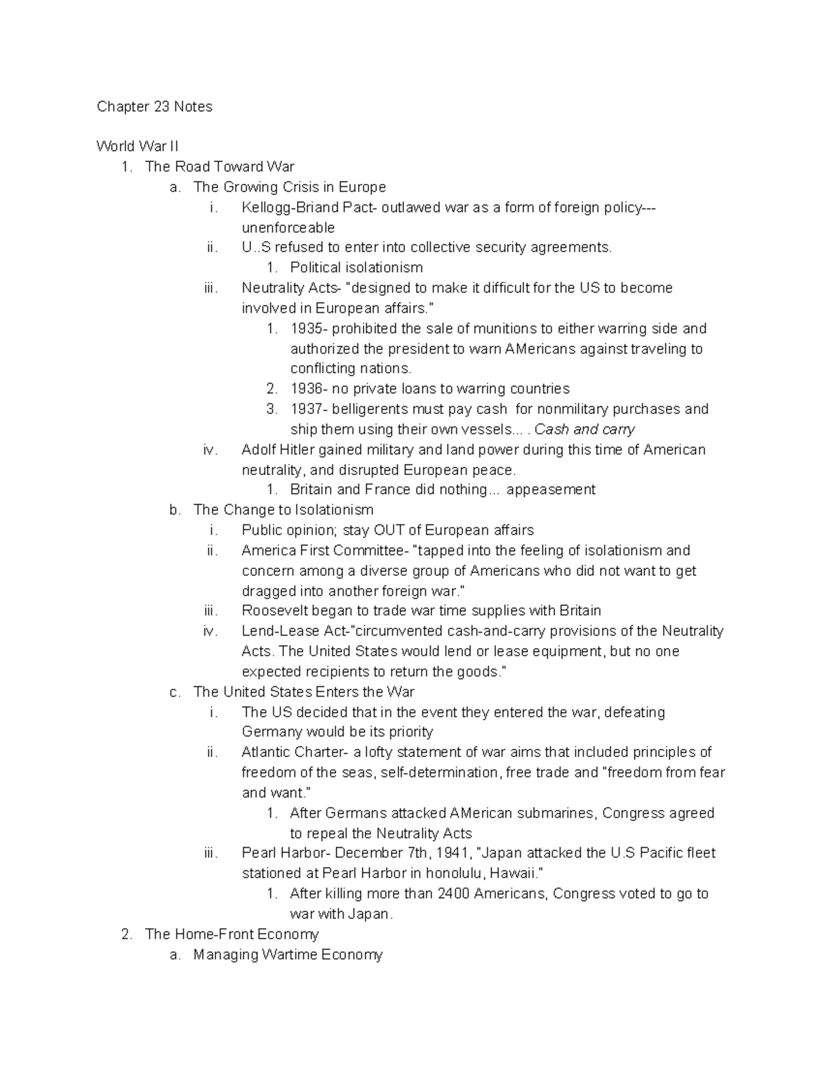 Chapter 23 Notes - Chapter 23 Notes World War Ii 1. The Road Toward War 