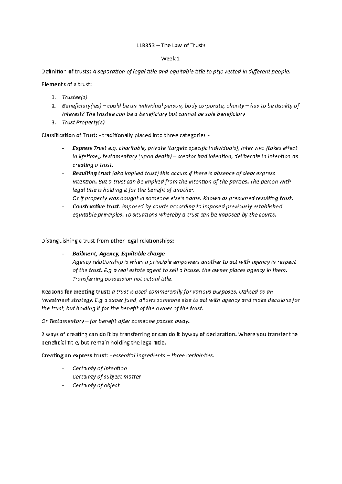 LLB353 - Notes week 1 and 2 - LLB353 – The Law of Trusts Week 1 ...