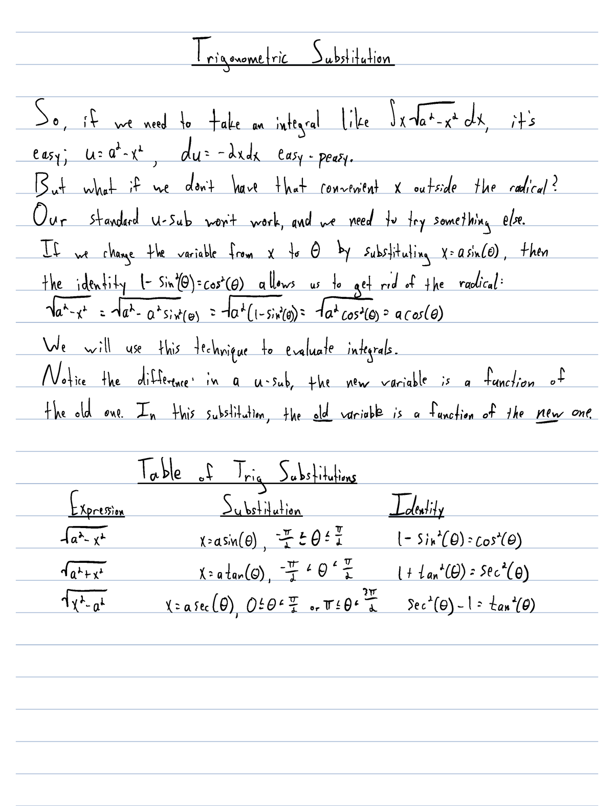 Lesson 8 Trigonometric Substitution - Trigonometric Substitution So if ...