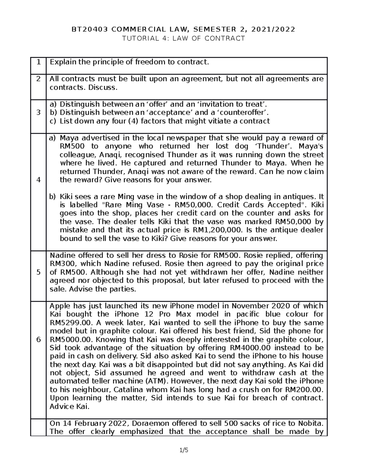 BT20403 - Tutorial 4 -Contract Law - BT20403 COMMERCIAL LAW, SEMESTER 2 ...