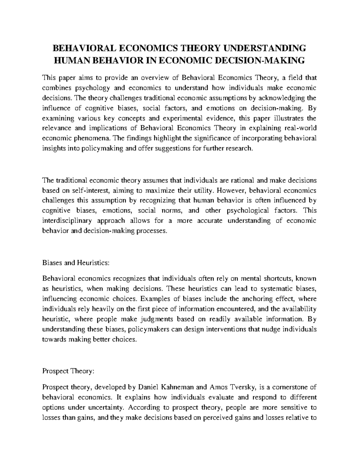 Behavioral Economics Theory Understanding Human Behavior IN Economic ...