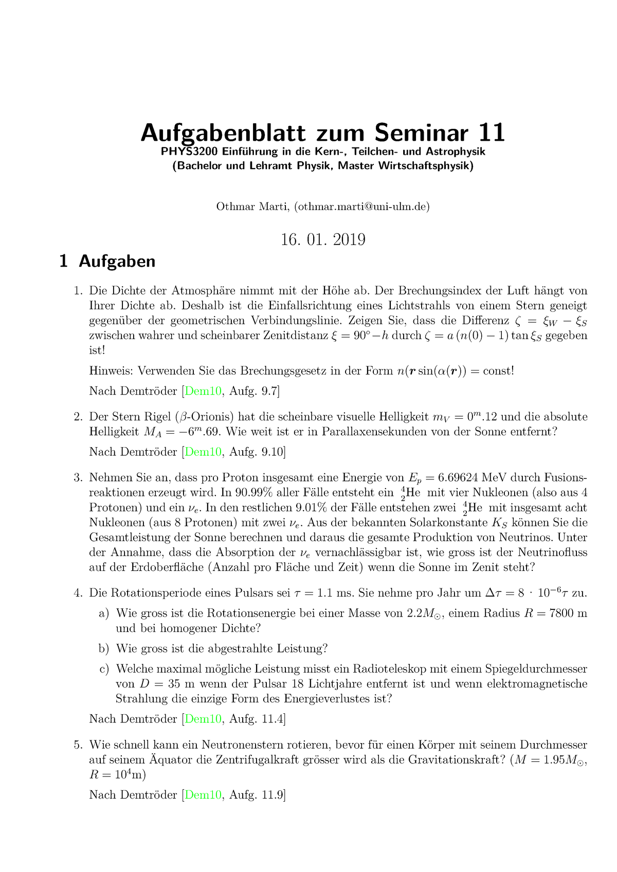 Aufgabenblatt 11 Zu Den Seminaren Vom 16. 01. 2019 Mit L”sungen ...