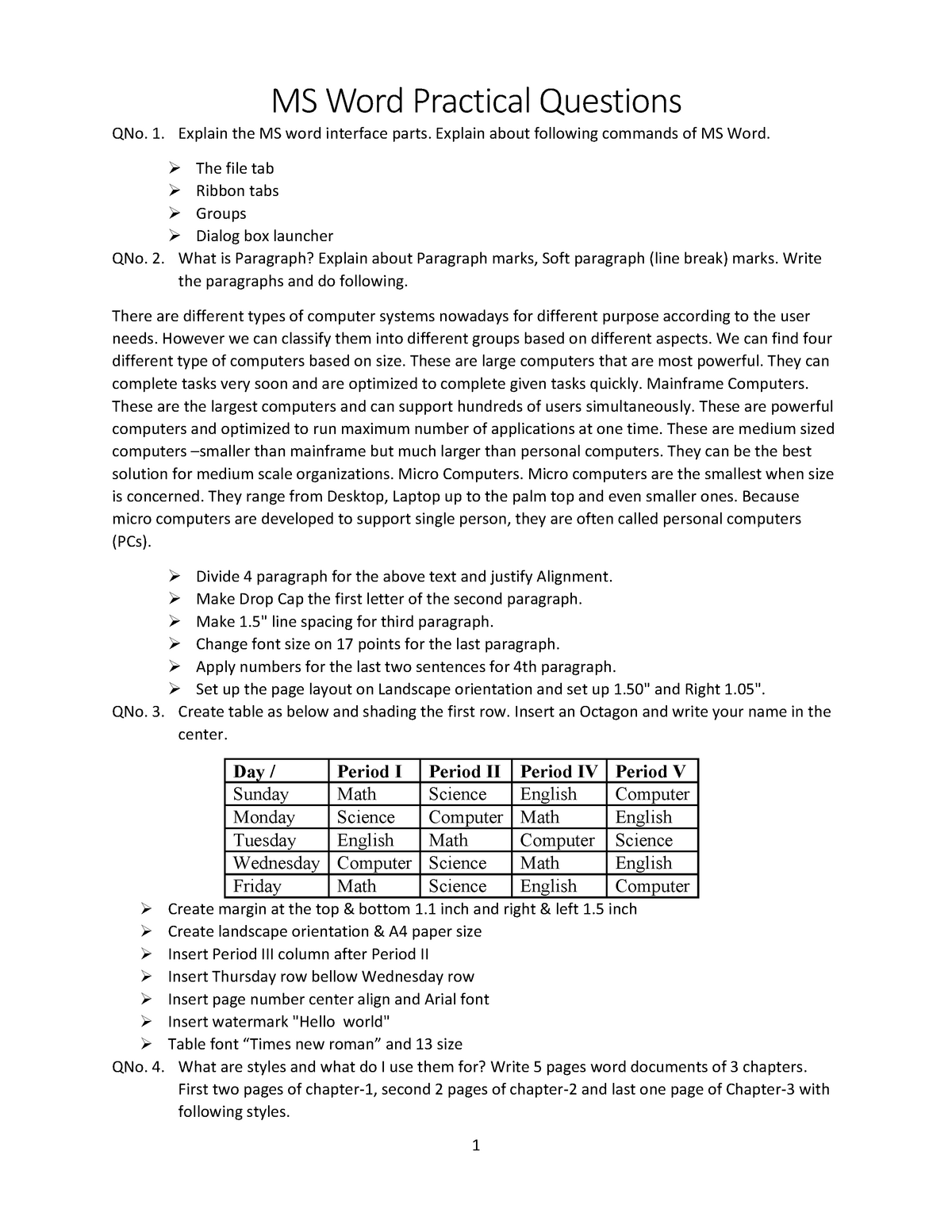 Word Practical Questions For Exercises 37524 MS Word Practical Questions QNo 1 Explain The 