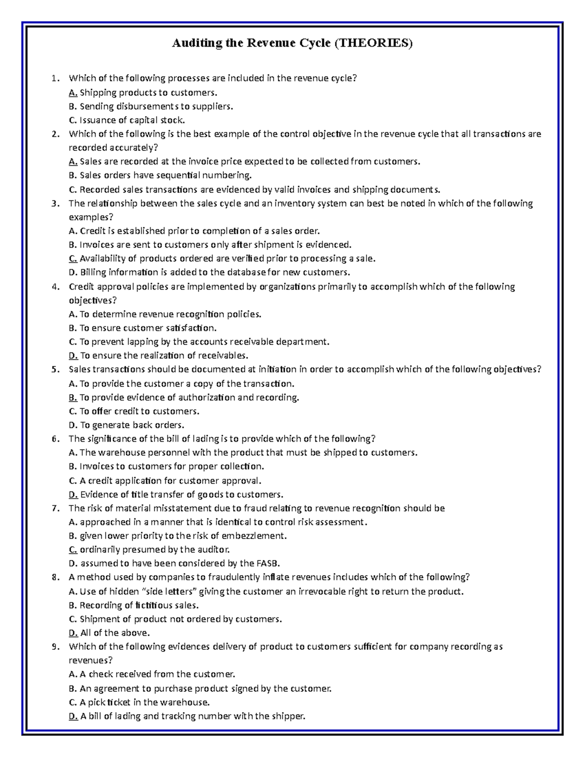 Auditing the Revenue Cycle ( Theories) - Auditing the Revenue Cycle ...