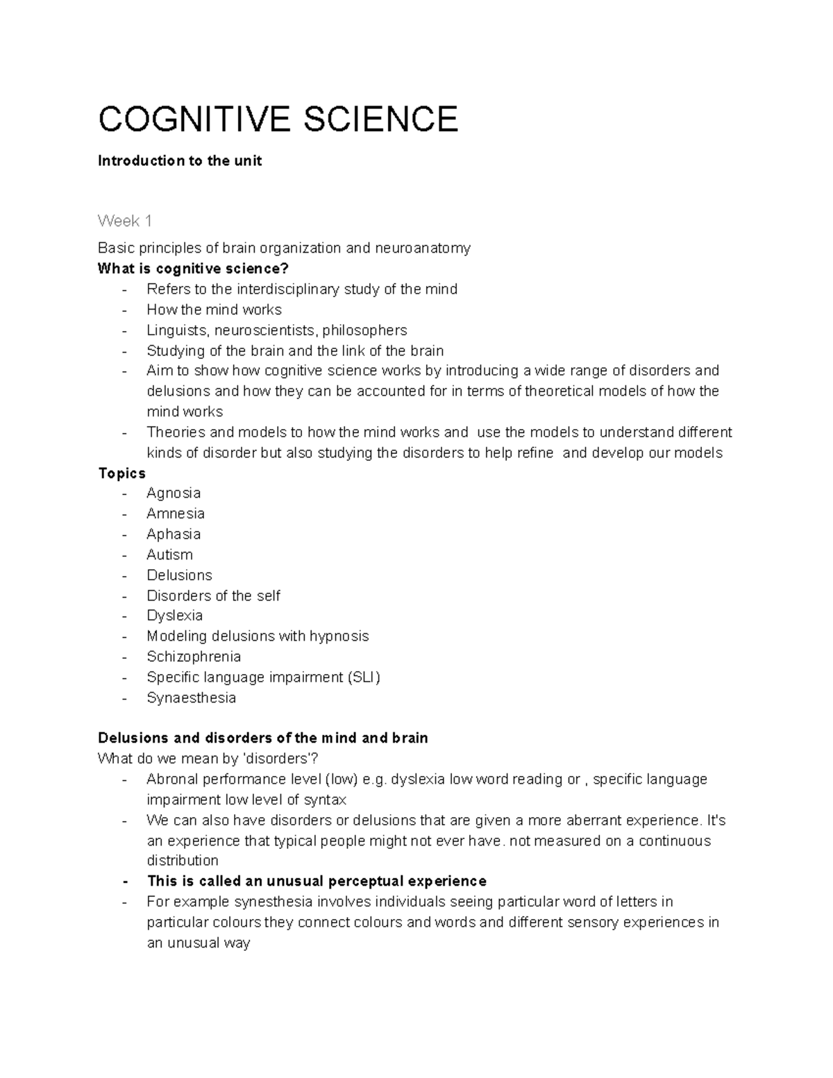 COGS101 lecture notes - COGNITIVE SCIENCE Introduction to the unit Week ...