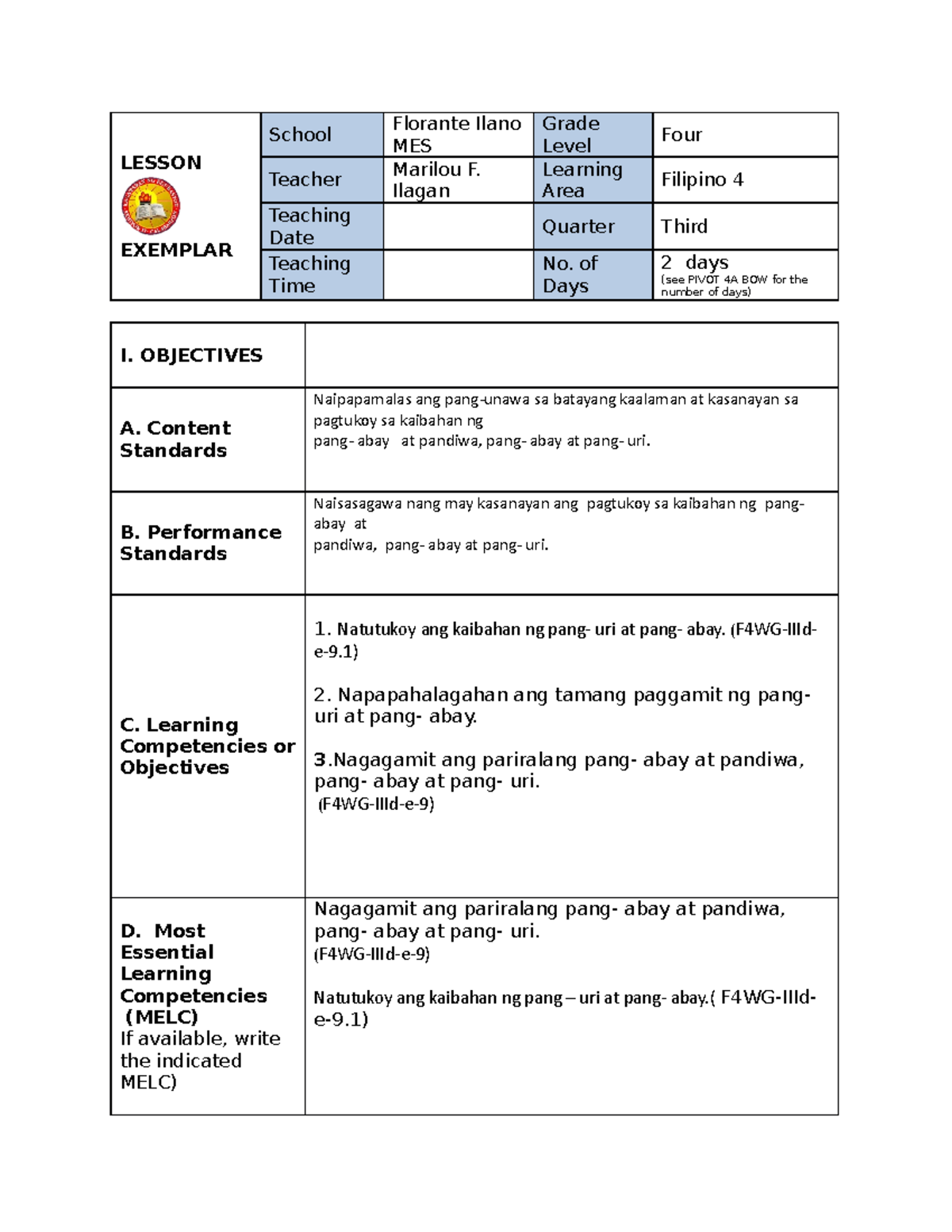 Lesson Exemplar FOR COT 3RD Filipino - LESSON EXEMPLAR School Florante ...