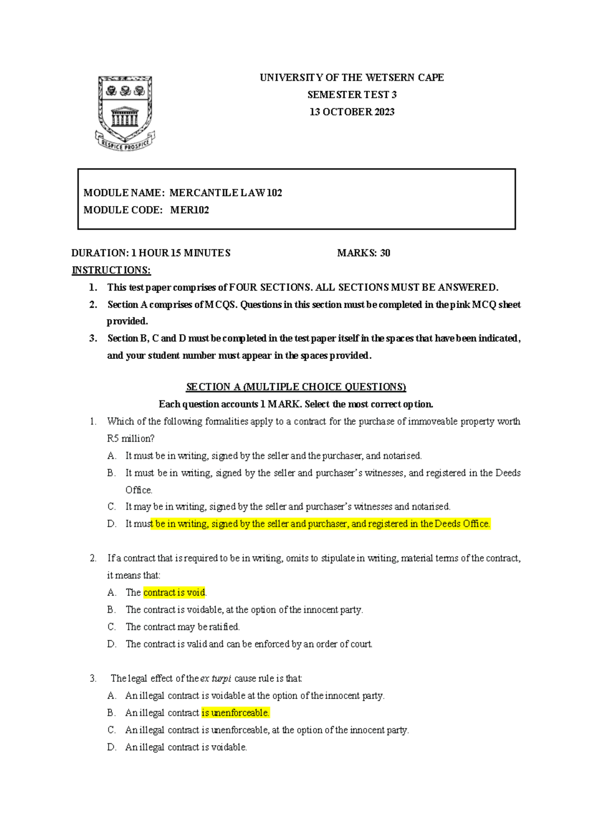 MER102+Test+3 - Test - UNIVERSITY OF THE WETSERN CAPE SEMESTER TEST 3 ...