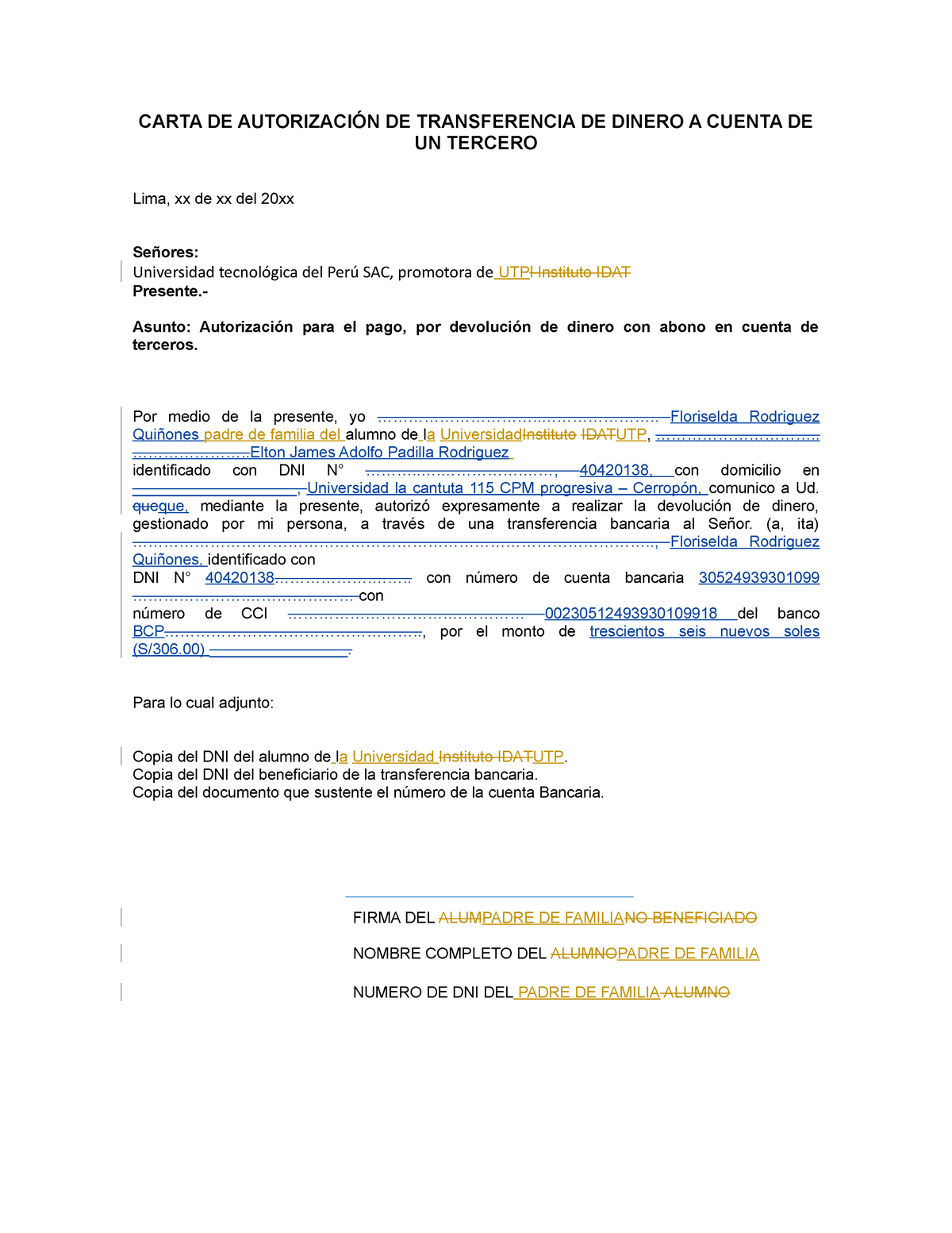 Carta De Autorización De Transferencia De Dinero Utp Padre Familia Carta De AutorizaciÓn De 9098