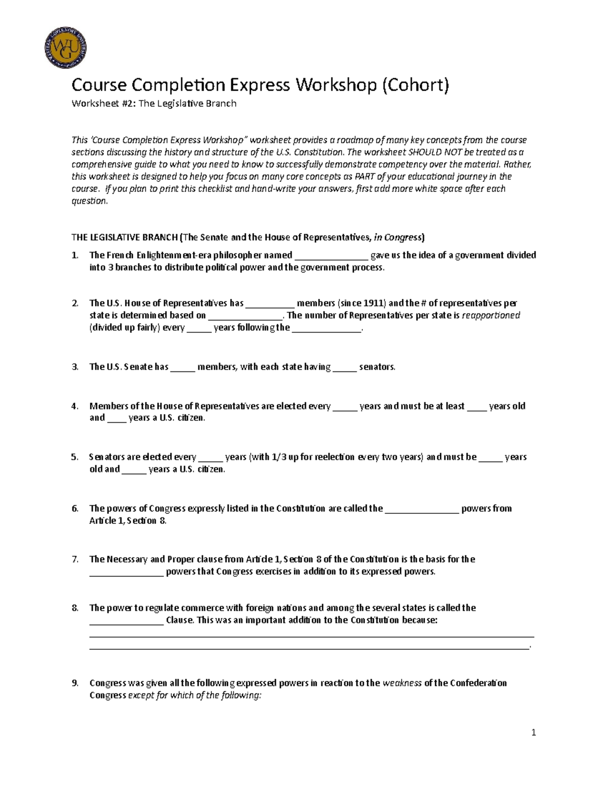 Legislative Branch Worksheet - StuDocu