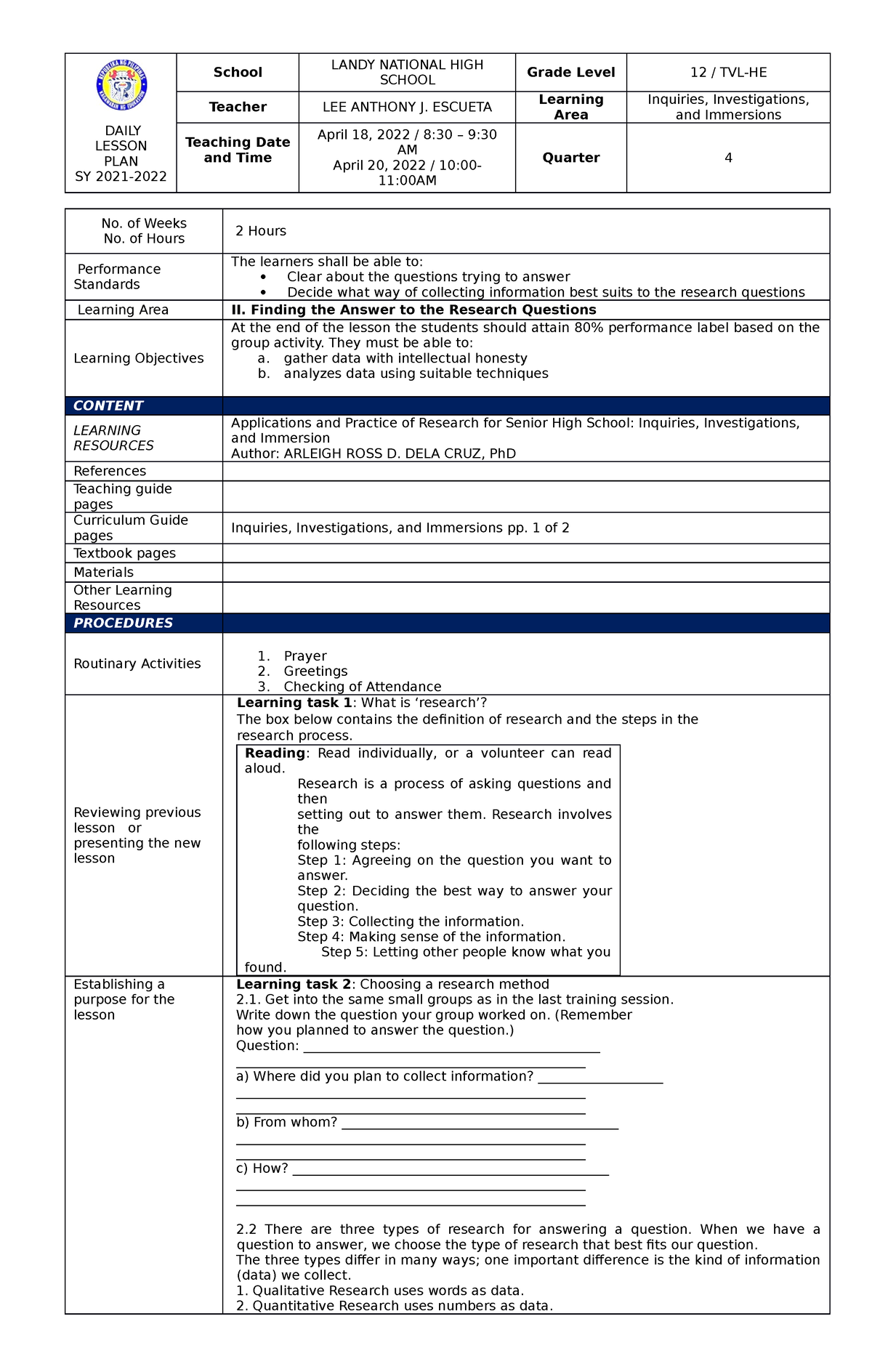 Finding the Answer to the RQs - DAILY LESSON PLAN SY 2021- School LANDY ...