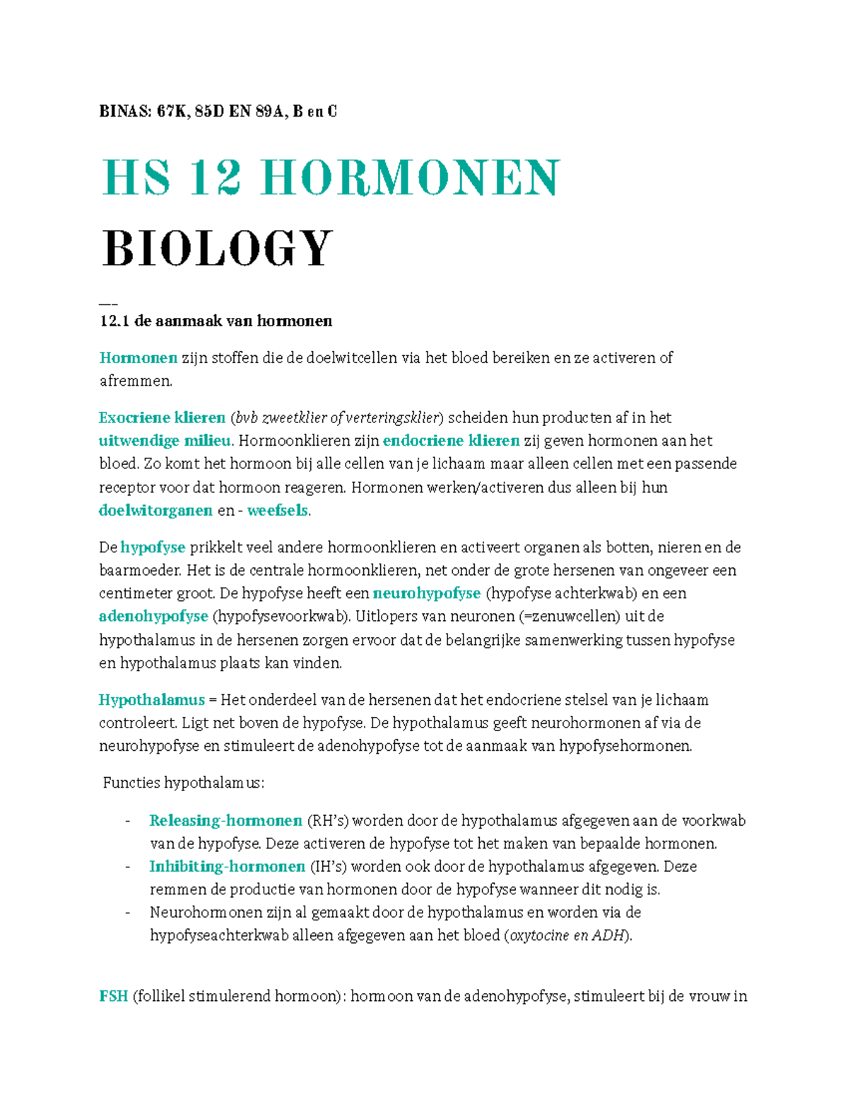 Bio Hs Hormonen Samenvatting Binas K D En A B En C Hs Hormonen Biology