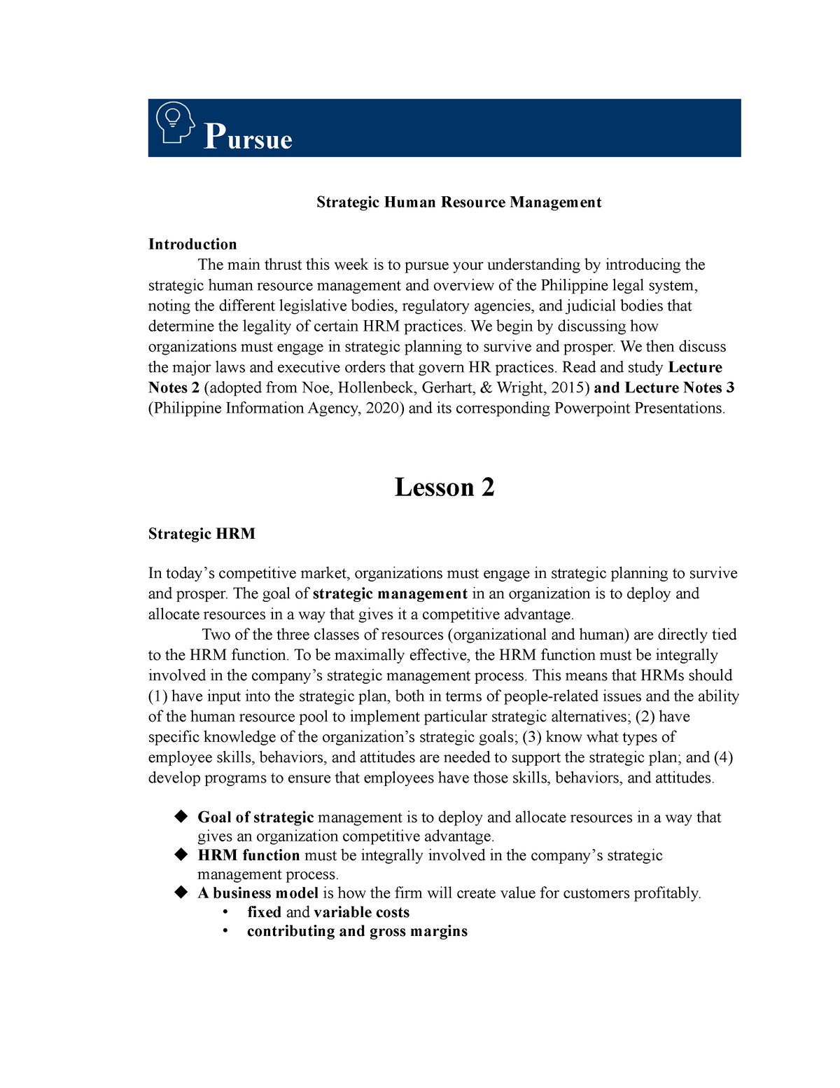 HRM Week2-Pursue - Lecture Notes 1-3 - Pursue Strategic Human Resource ...