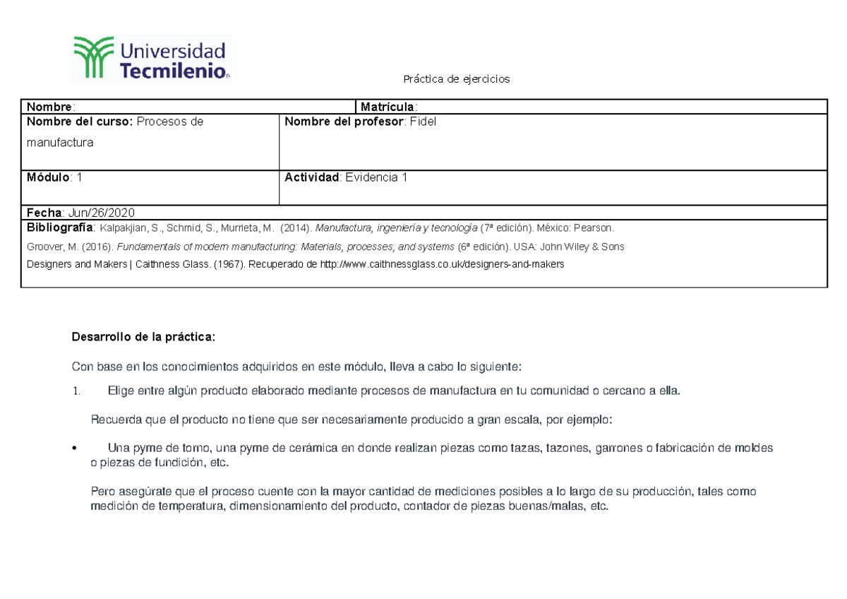 Evidencia 1 Procesos De Manufactura Tecmilenio
