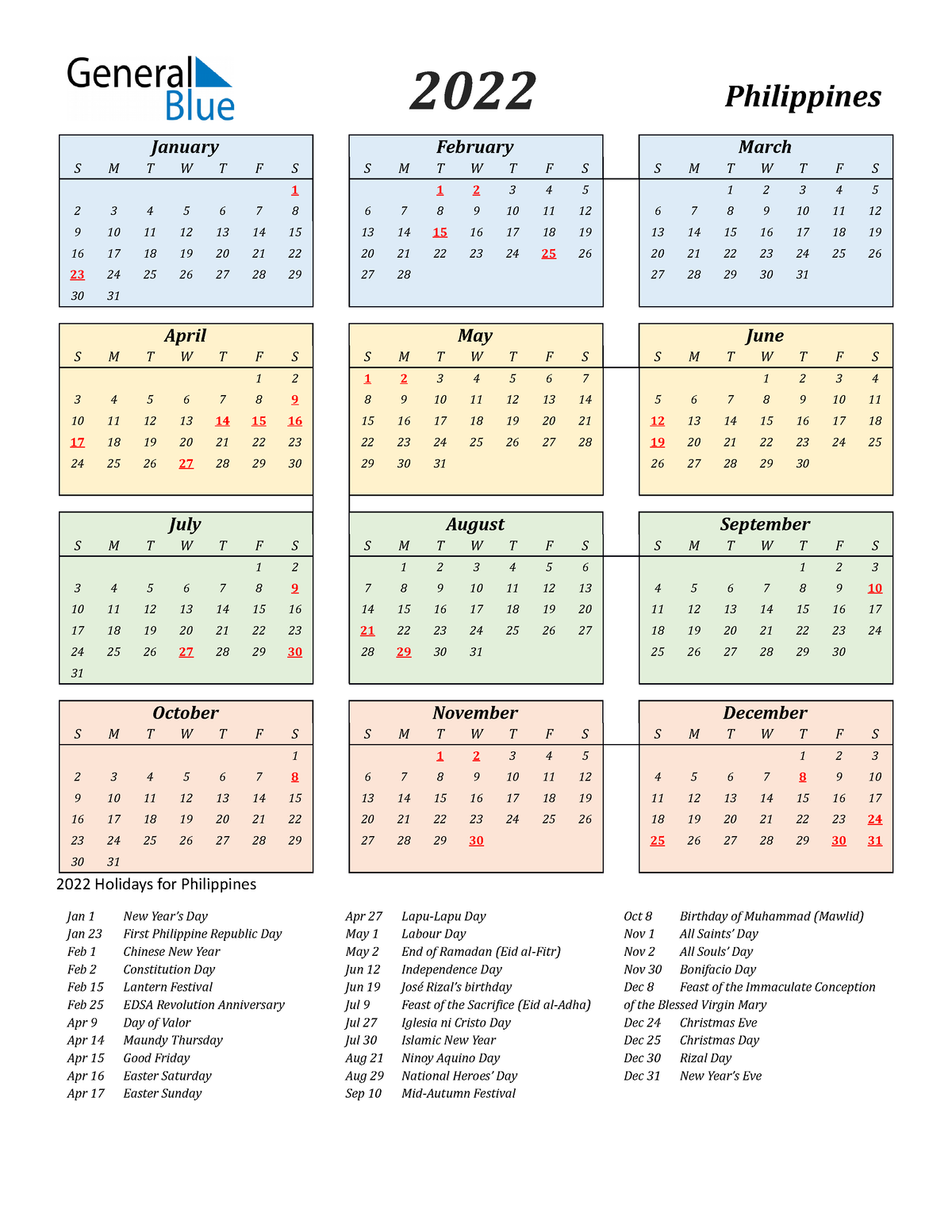 2022 calendar streamlined colored with holidays portrait en ph - 2022 ...