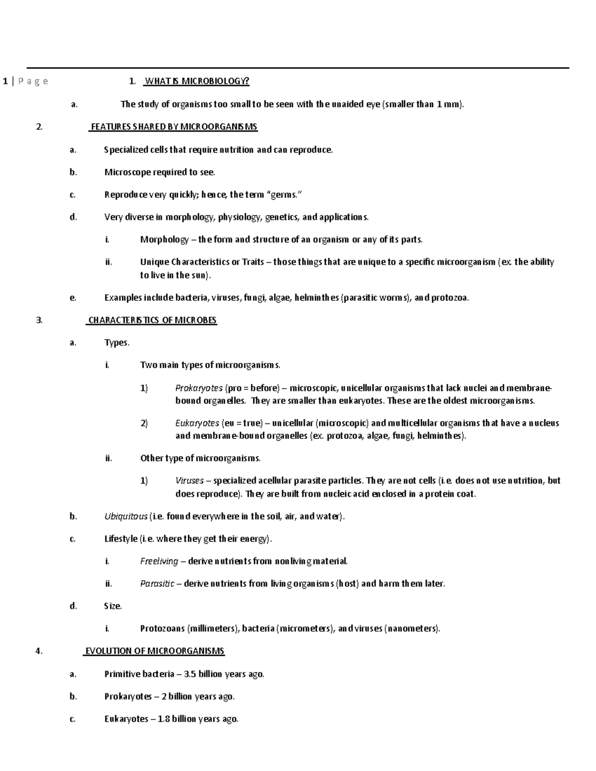 BIOL125 Ch1 Lecture Notes - 1 | P a g e 1. WHAT IS MICROBIOLOGY? a. The ...