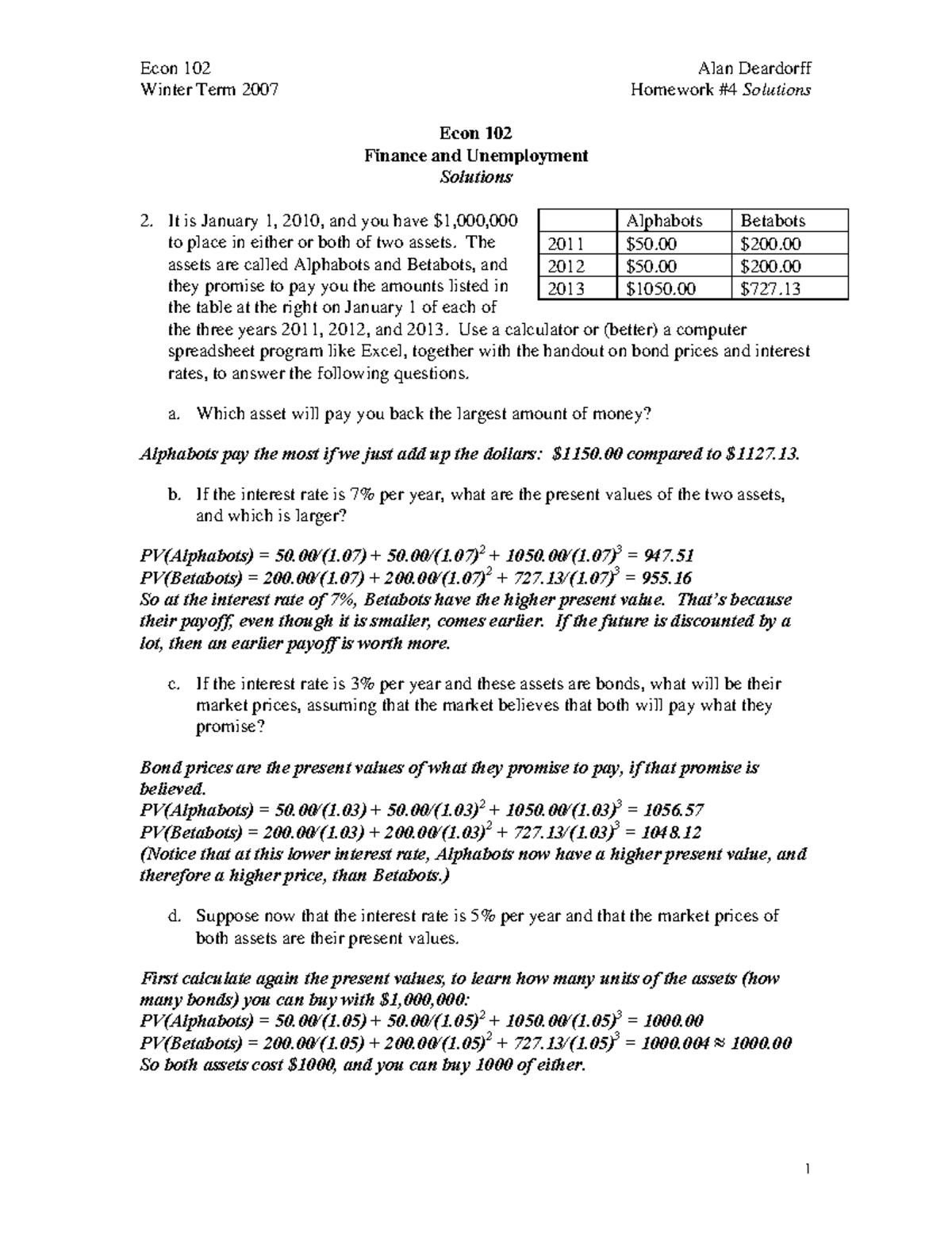 Seminar Assignments - Homework Assignment 4 Solutions - Econ 102 Winter ...