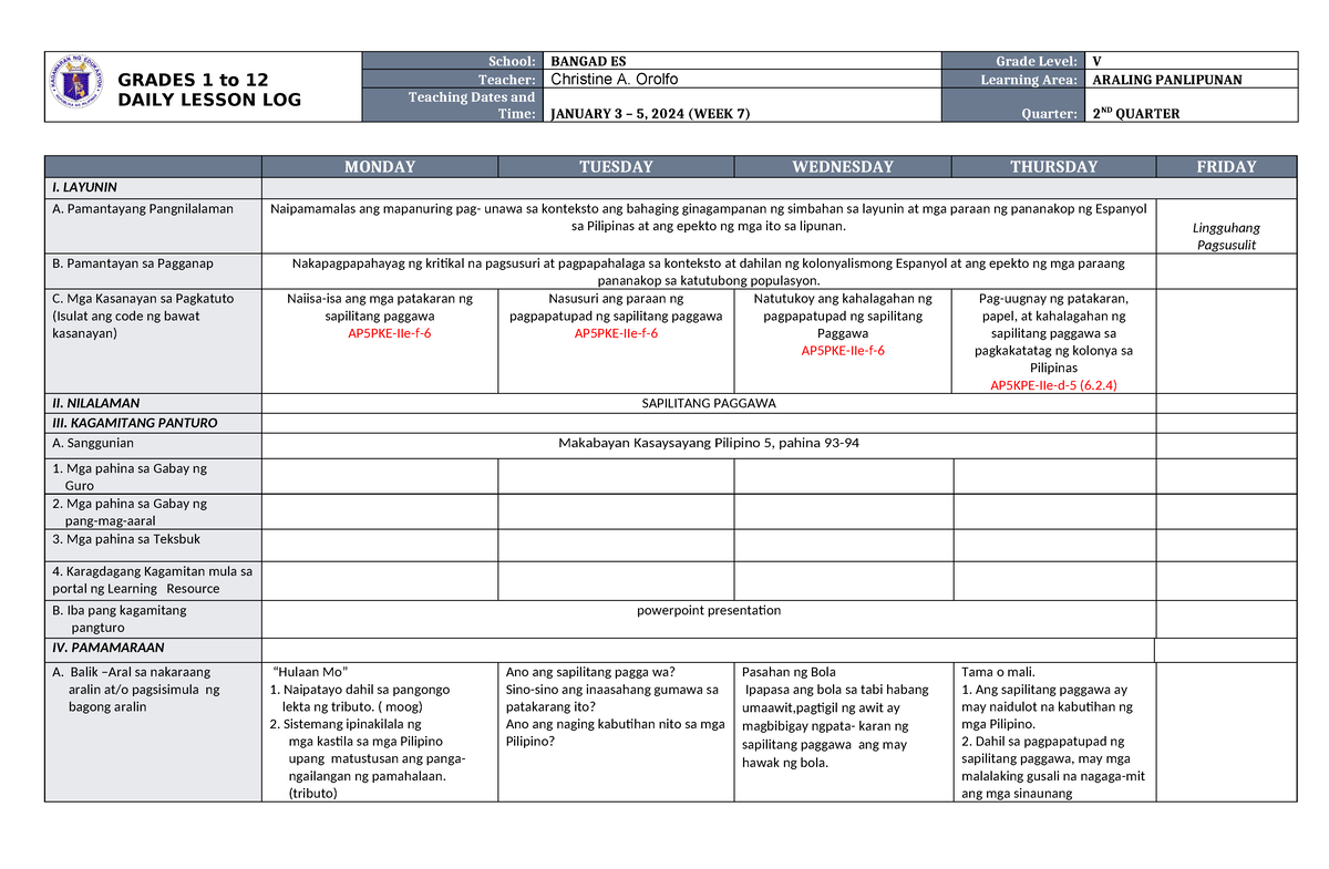 DLL Araling Panlipunan 5 Q2 W7 - GRADES 1 To 12 DAILY LESSON LOG School ...