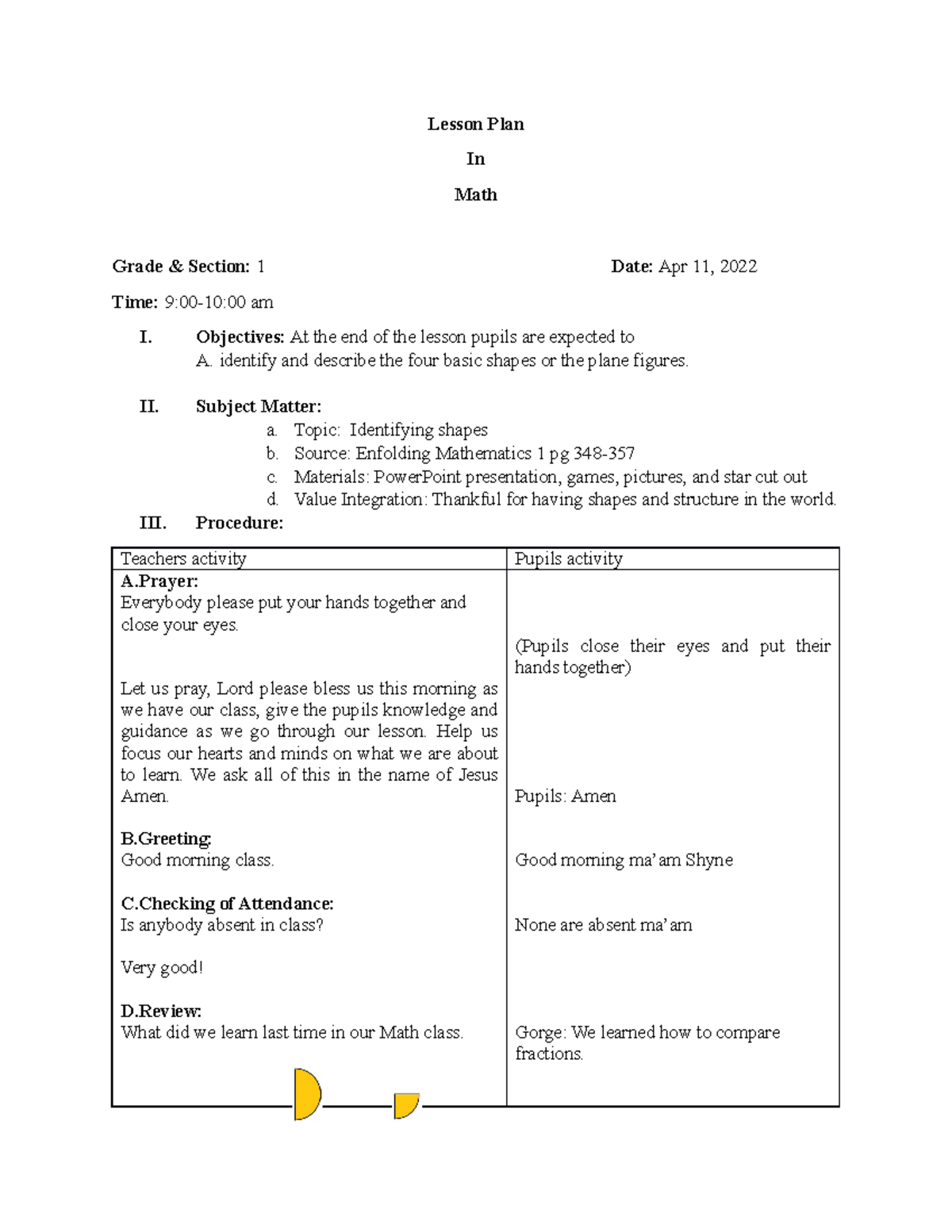 MATH 1 WEEK 3 - learn math - Lesson Plan In Math Grade & Section: 1 ...