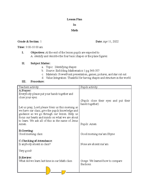 MATH 1 WEEK 4 - learn math - Lesson Plan In Math Grade & Section: 1 ...