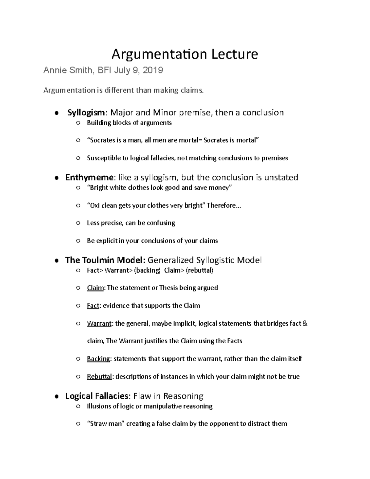 BFI Tuesday Notes - Argumentation Lecture Annie Smith, BFI July 9, 2019 ...