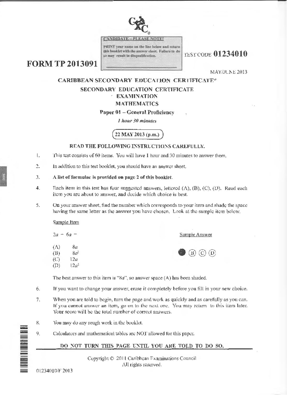 Csec-math-may-june-2013-p1 compress - TESTCODE 01234010 FORM TP 2013091 ...