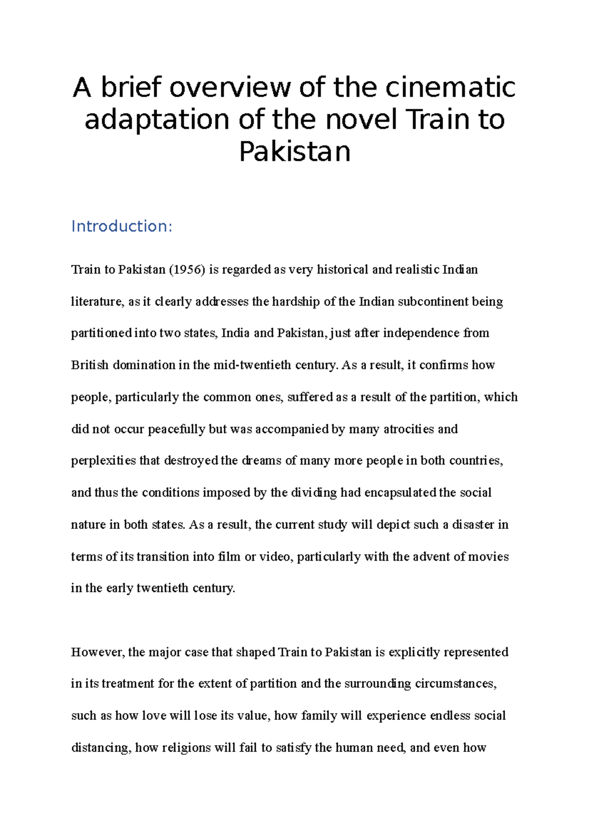 A brief overview of the cinematic adaptation of the novel Train to